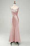 Vestido largo de dama de honor de sirena de satén rosa polvorienta con encaje de pestañas