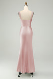 Vestido largo de dama de honor de sirena de satén rosa polvorienta con encaje de pestañas