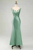 Vestido largo de dama de honor de sirena de satén rosa polvorienta con encaje de pestañas
