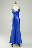 Vestido largo de dama de honor de sirena de satén rosa polvorienta con encaje de pestañas
