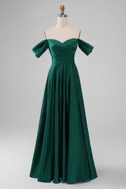 Verde oscuro Off the Shouder A Line Vestido largo de dama de honor de satén