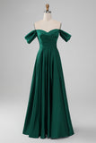 Verde oscuro Off the Shouder A Line Vestido largo de dama de honor de satén