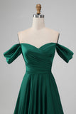Verde oscuro Off the Shouder A Line Vestido largo de dama de honor de satén