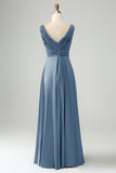 Vestido de dama de honor largo con cuello en V azul polvoriento A Line V