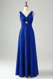 Vestido de dama de honor largo con cuello en V azul polvoriento A Line V