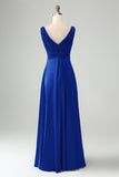 Vestido de dama de honor largo con cuello en V azul polvoriento A Line V