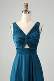 Vestido de dama de honor largo con cuello en V azul tinta A Line V