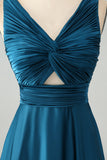Vestido de dama de honor largo con cuello en V azul tinta A Line V