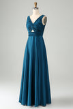Vestido de dama de honor largo con cuello en V azul tinta A Line V