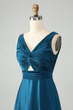 Vestido de dama de honor largo con cuello en V azul tinta A Line V
