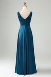 Vestido de dama de honor largo con cuello en V azul tinta A Line V