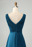 Vestido de dama de honor largo con cuello en V azul tinta A Line V