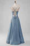 Vestido largo de dama de honor largo con escote en V azul polvoriento con cuello en V
