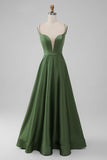 Vestido largo de dama de honor largo con escote en V verde con cuello en V