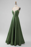 Vestido largo de dama de honor largo con escote en V verde con cuello en V
