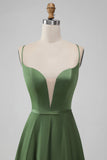 Vestido largo de dama de honor largo con escote en V verde con cuello en V