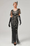 1920s Vestido Con Conjunto de Accesorios Negro