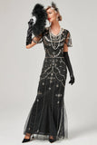 1920s Vestido Con Conjunto de Accesorios Negro