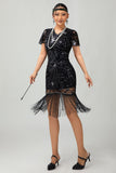 Vestido de lentejuelas negras con flecos de la década de 1920 con conjunto de accesorios de 5 piezas