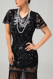 Vestido de lentejuelas negras con flecos de la década de 1920 con conjunto de accesorios de 5 piezas