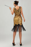Vestido ajustado dorado brillante con flecosConjunto de accesorios de la década de 1920 con 5 piezas