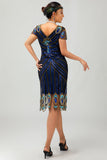 Vestido de cuello en V ajustado azul brillante negro de los años 20 con cuentas
