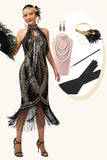 Vestido Gatsby de la década de 1920 con flecos y agujero de cerradura dorado negro con conjunto de accesorios de 5 piezas