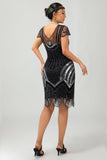 Vestido corto de lentejuelas con cuentas negras y plateadas de la década de 1920 con conjunto de accesorios de 5 piezas