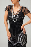 Vestido corto de lentejuelas con cuentas negras y plateadas de la década de 1920 con conjunto de accesorios de 5 piezas