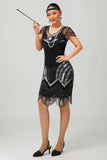 Vestido corto de lentejuelas con cuentas negras y plateadas de la década de 1920 con conjunto de accesorios de 5 piezas