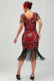 Vestido de lentejuelas con flecos y cuello redondo negro rojo de los años 20 con conjunto de accesorios de 5 piezas