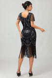 Vestido de lentejuelas con flecos plateados negros de la década de 1920 con conjunto de accesorios de los años 20
