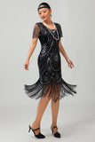 Vestido de lentejuelas con flecos plateados negros de la década de 1920 con conjunto de accesorios de los años 20