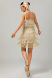 Vestido de flecos champán brillante de la década de 1920 con conjunto de accesorios de 5 piezas