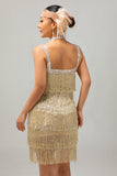 Vestido de flecos champán brillante de la década de 1920 con conjunto de accesorios de 5 piezas