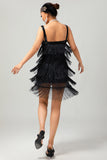 Vestido ajustado negro brillante con flecos de la década de 1920 con conjunto de accesorios de 5 piezas