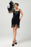 Vestido ajustado negro brillante con flecos de la década de 1920 con conjunto de accesorios de 5 piezas