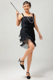 Vestido ajustado negro brillante con flecos de la década de 1920 con conjunto de accesorios de 5 piezas