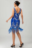 Vestido de lentejuelas azul real brillante con flecos de la década de 1920 con conjunto de accesorios de 5 piezas