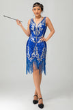 Vestido de lentejuelas azul real brillante con flecos de la década de 1920 con conjunto de accesorios de 5 piezas