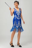 Vestido de lentejuelas azul real brillante con flecos de la década de 1920 con conjunto de accesorios de 5 piezas