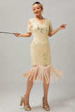 Vestido de flecos con apliques de champán de la década de 1920 y conjunto de accesorios de 5 piezas