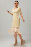 Vestido de flecos con apliques de champán de la década de 1920 y conjunto de accesorios de 5 piezas