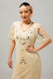 Vestido de flecos con apliques de champán de la década de 1920 y conjunto de accesorios de 5 piezas