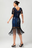 Vestido de lentejuelas azules negras con flecos y cuello redondo de la década de 1920 con conjunto de accesorios de 5 piezas