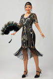 Vestido de lentejuelas verde oscuro con flecos de la década de 1920 con conjunto de accesorios de 4 piezas