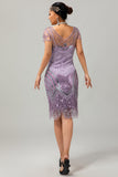 Vestido de lentejuelas moradas con flecos de la década de 1920 con conjunto de accesorios de 5 piezas