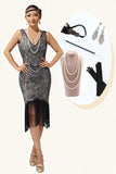 Vestido de lentejuelas con flecos de albaricoque negro de los años 20 con conjunto de accesorios de 5 piezas