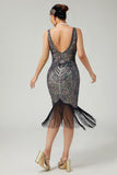 Vestido de lentejuelas con flecos de albaricoque negro de los años 20 con conjunto de accesorios de 5 piezas