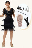 Vestido de lentejuelas con flecos y flecos ajustados y cuello en V negro de los años 20 con conjunto de accesorios de 5 piezas
